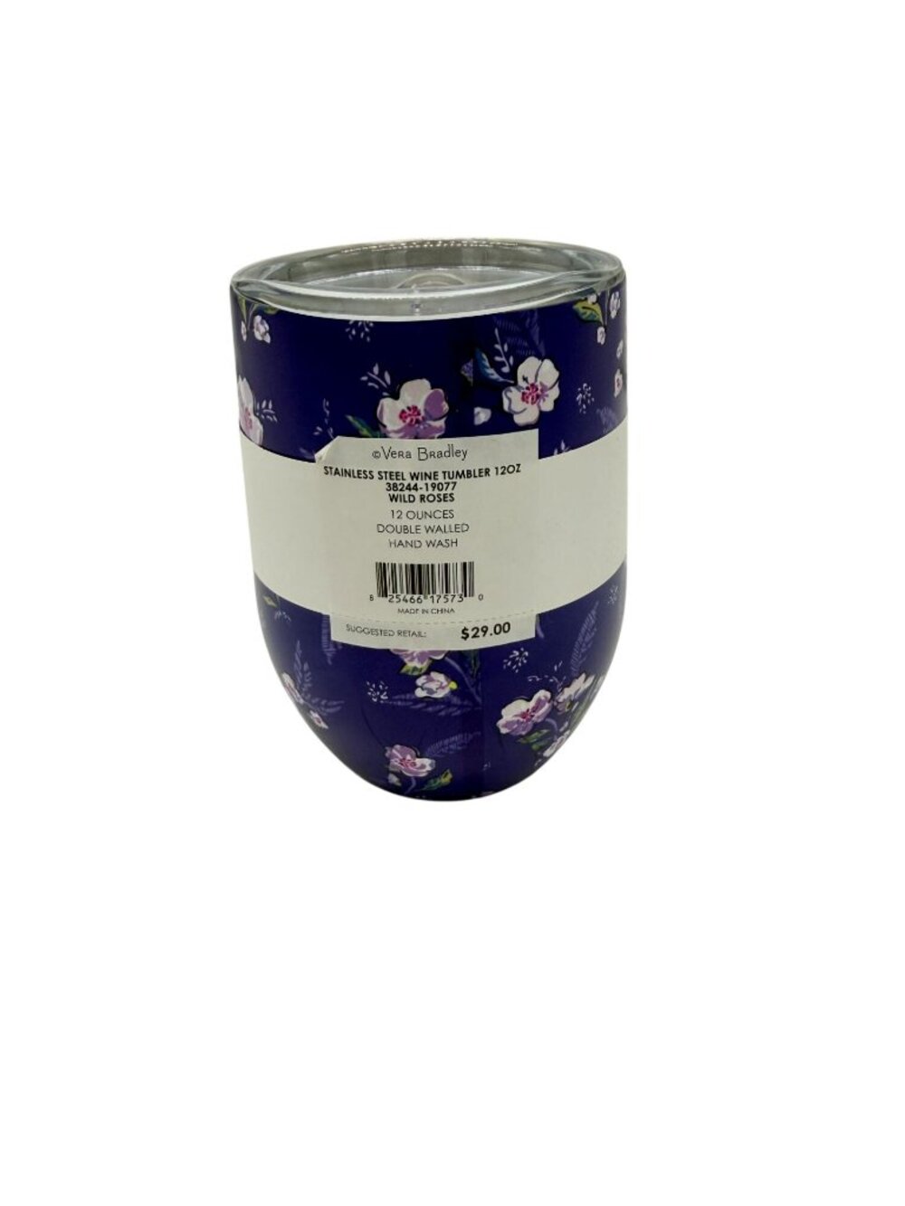 Vera Bradley Purple Floral Stainless Steel 12 Oz. Wine Tumbler Wild Roses NWT - Picture 7 of 7